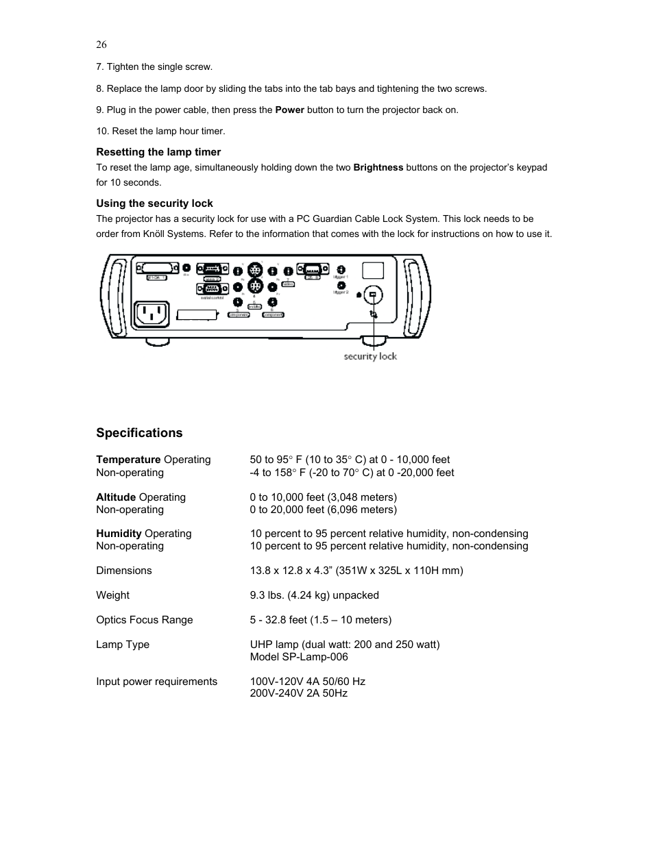 Specifications | Knoll Systems HD282 User Manual | Page 26 / 34