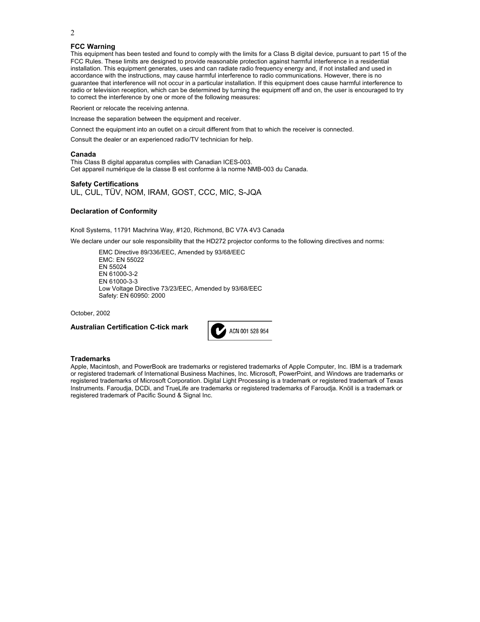 Knoll Systems HD272 User Manual | Page 2 / 34