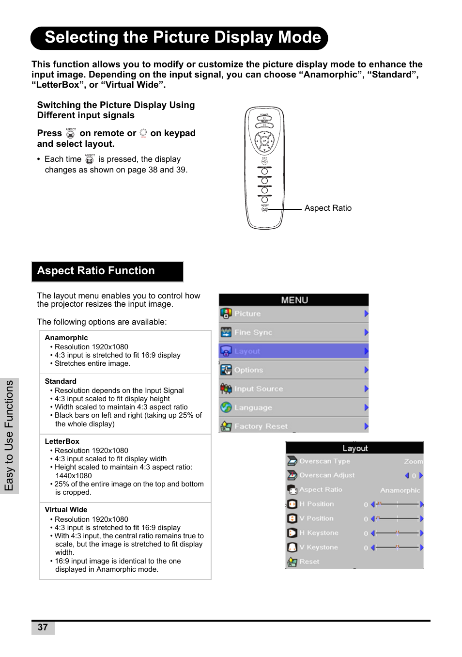 Selecting the picture display mode, Aspect ratio function, Easy to use functions | Knoll Systems Front Projector 1080p DLP User Manual | Page 38 / 68