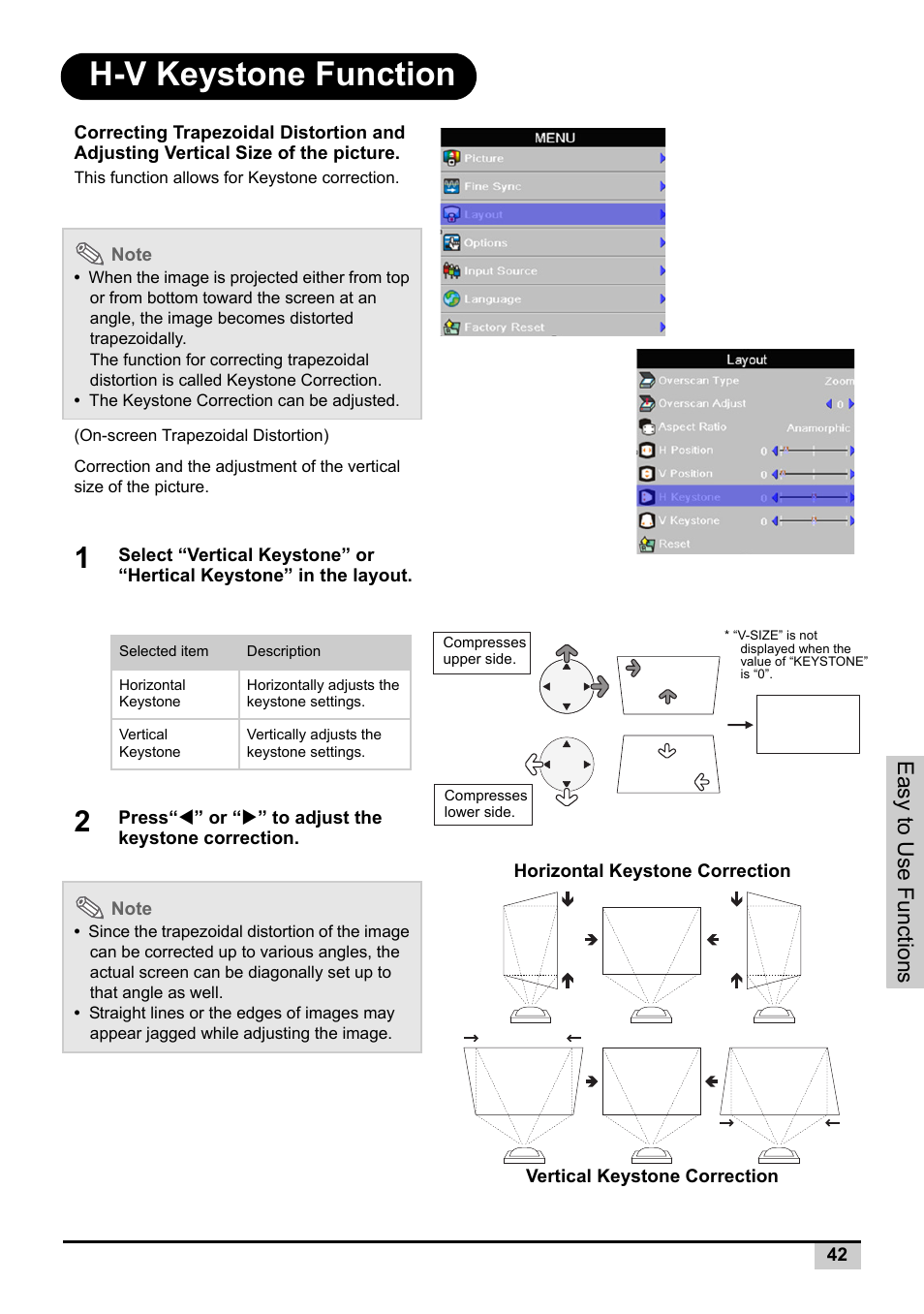 H-v keystone function, Easy to use f unctions | Knoll Systems Front Projector 1080p DLP User Manual | Page 43 / 68