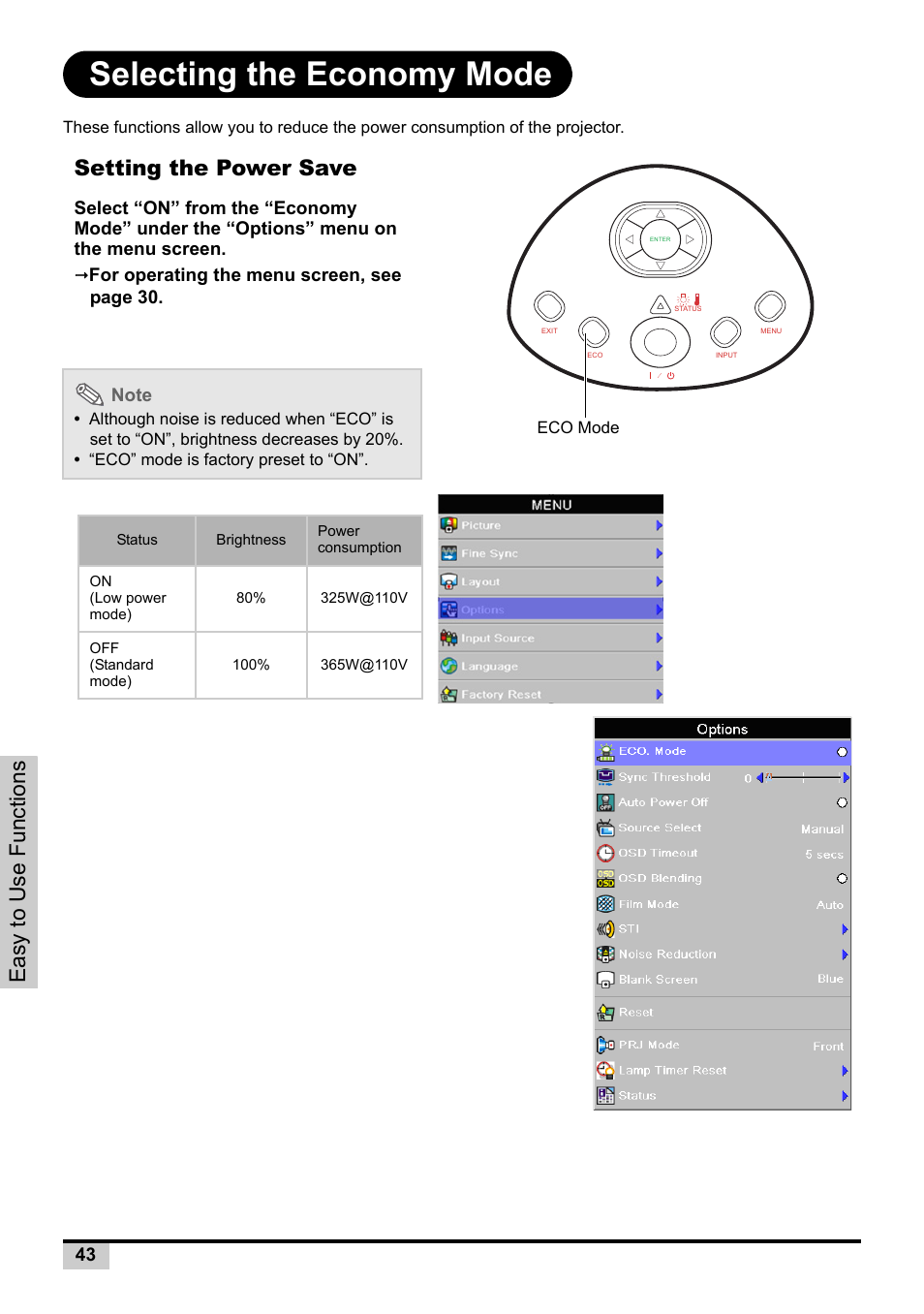 Selecting the economy mode, Setting the power save, Easy to use functions | Knoll Systems Front Projector 1080p DLP User Manual | Page 44 / 68