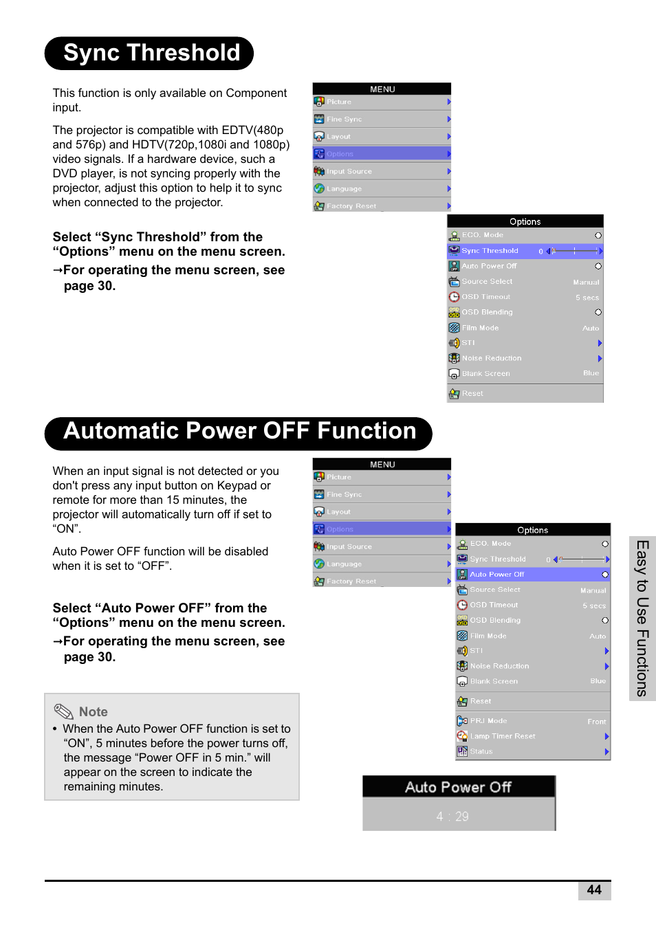 Sync threshold, Automatic power off function, Sync threshold automatic power off function | Knoll Systems Front Projector 1080p DLP User Manual | Page 45 / 68