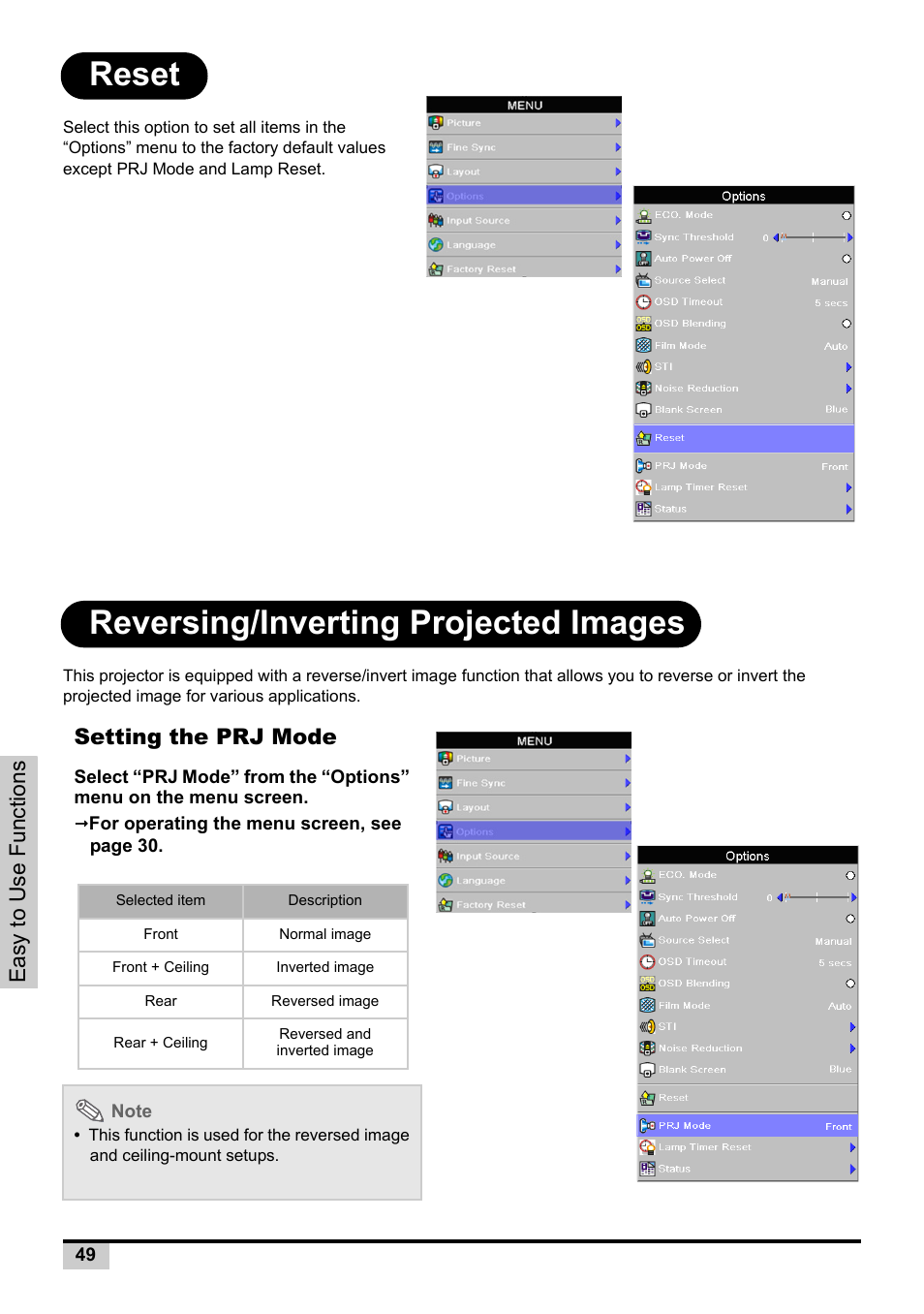 Reset, Reversing/inverting projected images, Setting the prj mode | Reset reversing/inverting projected images, Easy to use functions | Knoll Systems Front Projector 1080p DLP User Manual | Page 50 / 68