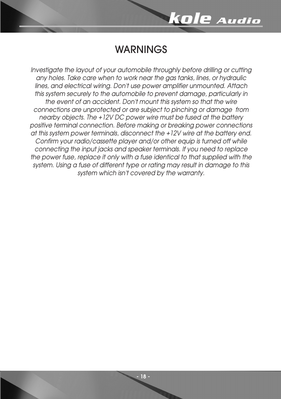Warnings | Kole Audio electronic PH2-1500 User Manual | Page 20 / 20