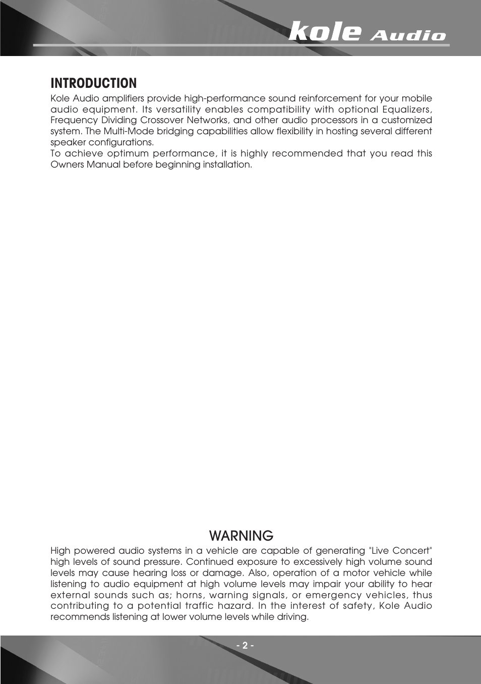 Introduction, Warning | Kole Audio electronic PH2-1500 User Manual | Page 4 / 20