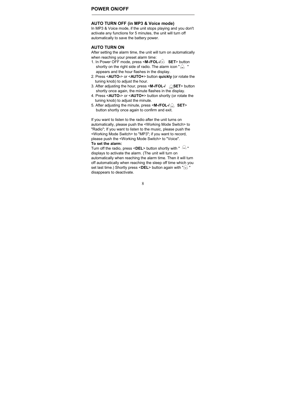 Power on/off, Auto turn off (in mp3 & voice mode), Auto turn on | Kaito electronic KA800 User Manual | Page 11 / 30