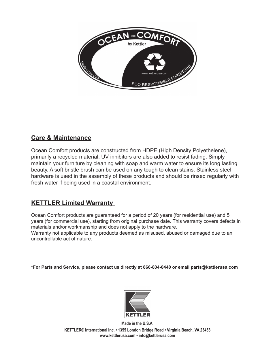 Care & maintenance, Kettler limited warranty | Kettler 2852 User Manual | Page 2 / 2
