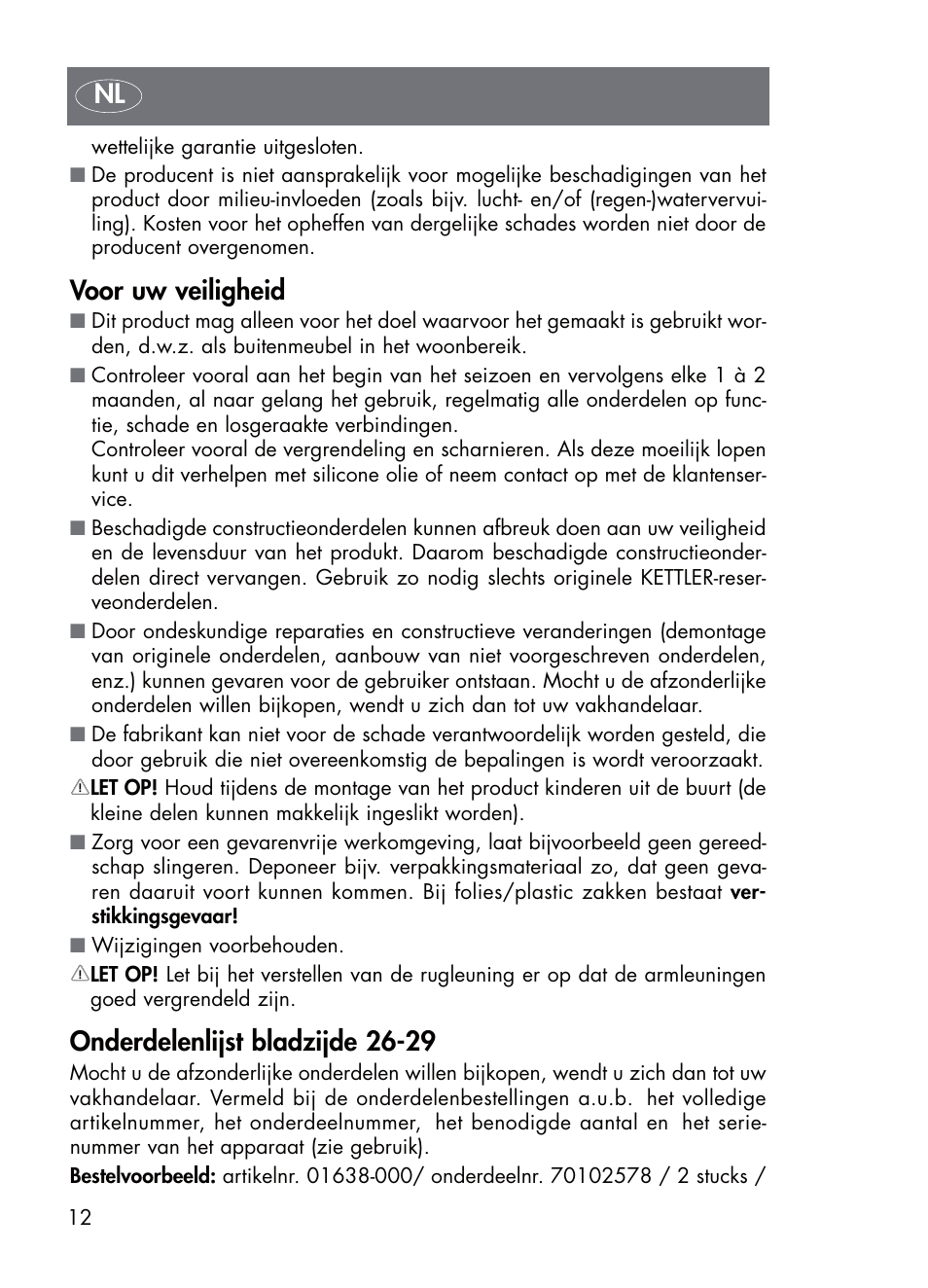 Voor uw veiligheid, Onderdelenlijst bladzijde 26-29 | Kettler 01638-010 User Manual | Page 12 / 32
