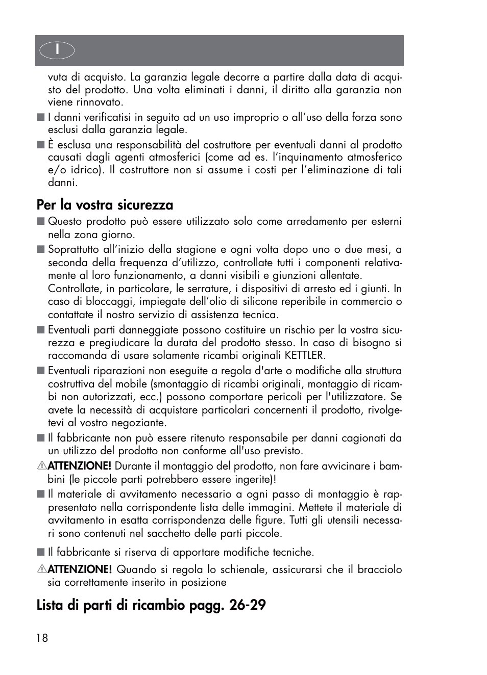 Per la vostra sicurezza, Lista di parti di ricambio pagg. 26-29 | Kettler 01638-010 User Manual | Page 18 / 32