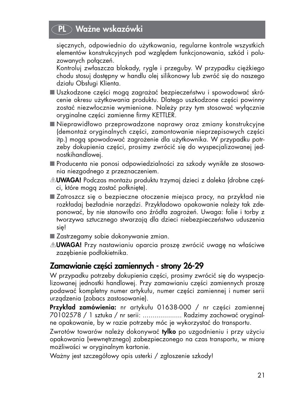 Zamawianie części zamiennych - strony 26-29, Pl ważne wskazówki | Kettler 01638-010 User Manual | Page 21 / 32