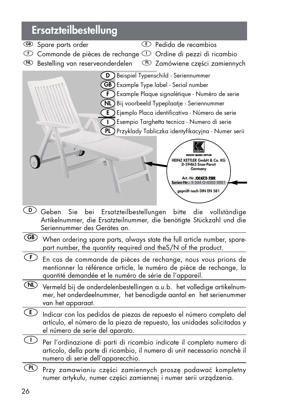 Ersatzteilbestellung | Kettler 01638-010 User Manual | Page 26 / 32