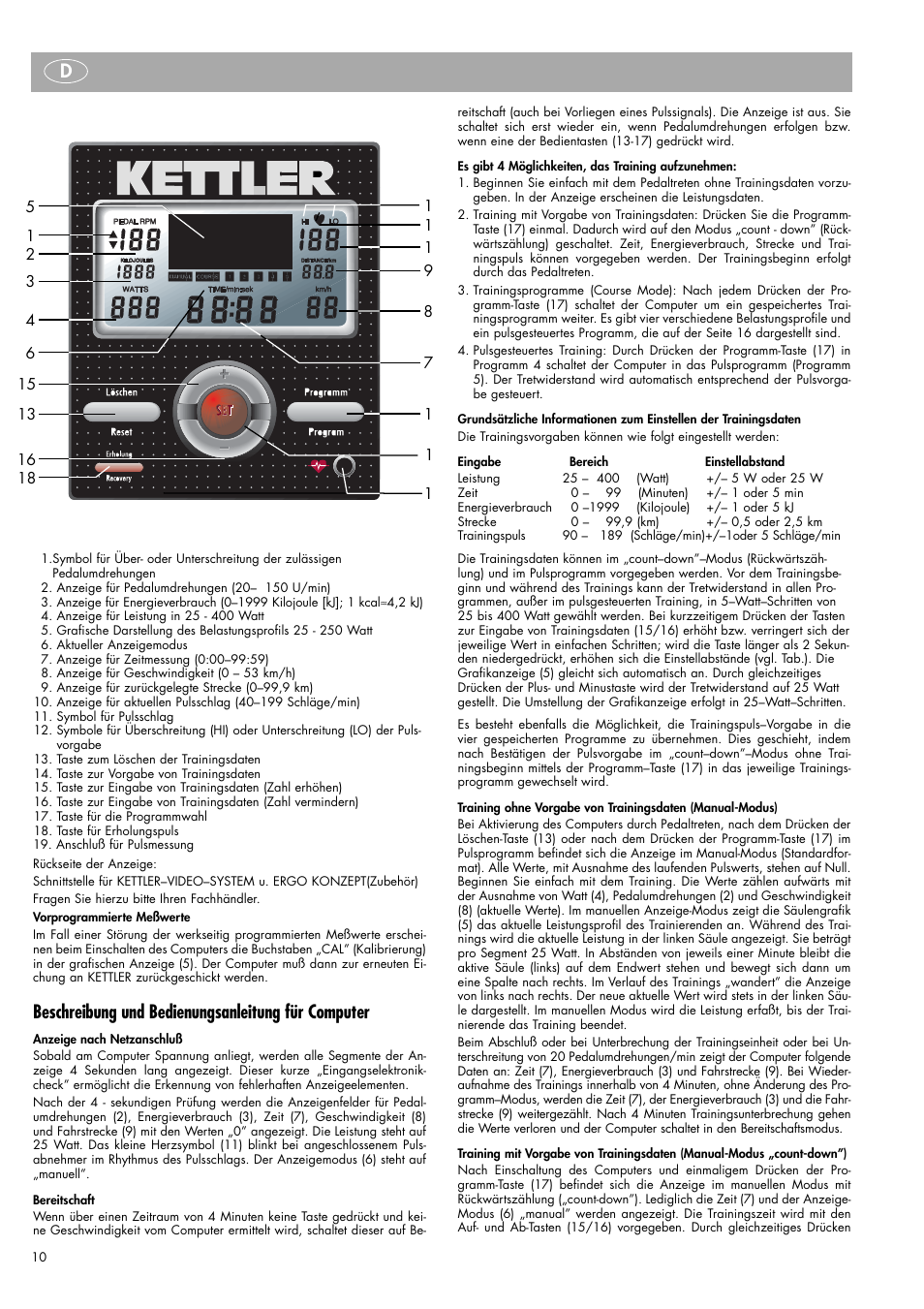 Beschreibung und bedienungsanleitung für computer | Kettler Ergometer CX 1 User Manual | Page 10 / 34