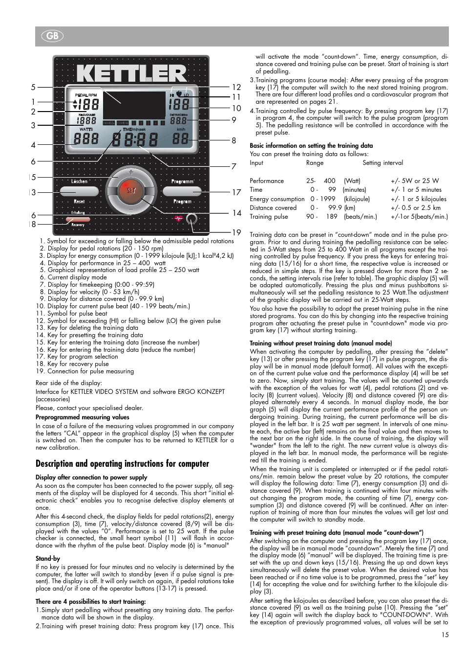 Kettler Ergometer CX 1 User Manual | Page 15 / 34