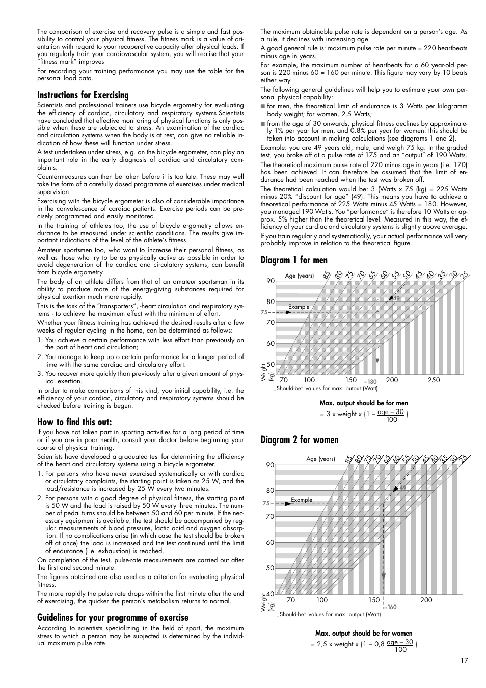 Instructions for exercising, How to find this out, Guidelines for your programme of exercise | Diagram 1 for men, Diagram 2 for women | Kettler Ergometer CX 1 User Manual | Page 17 / 34