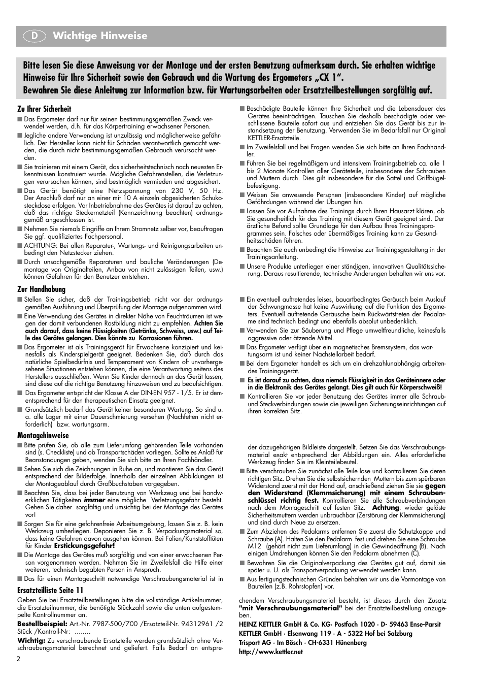 Wichtige hinweise d, Montagehinweise, Zur handhabung | Zu ihrer sicherheit, Ersatzteilliste seite 11 | Kettler Ergometer CX 1 User Manual | Page 2 / 34