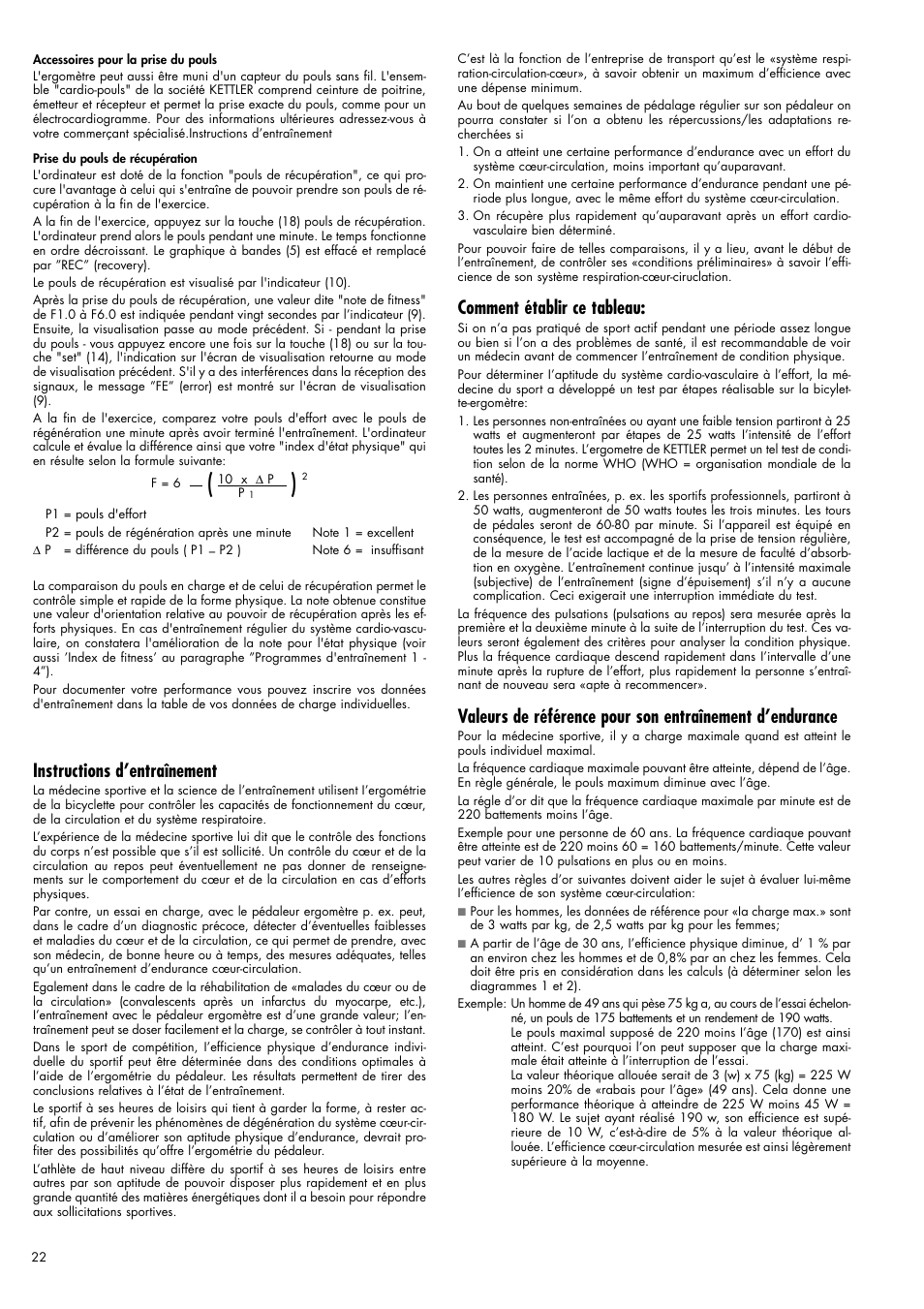 Comment établir ce tableau, Instructions d’entraînement | Kettler Ergometer CX 1 User Manual | Page 22 / 34