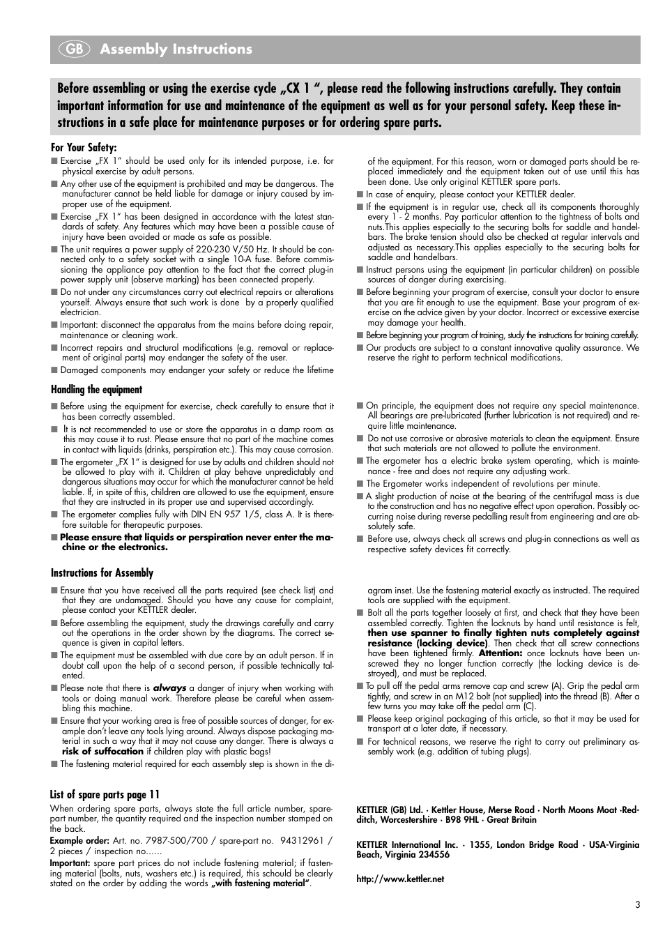 For your safety, Handling the equipment, Instructions for assembly | List of spare parts page 11 | Kettler Ergometer CX 1 User Manual | Page 3 / 34