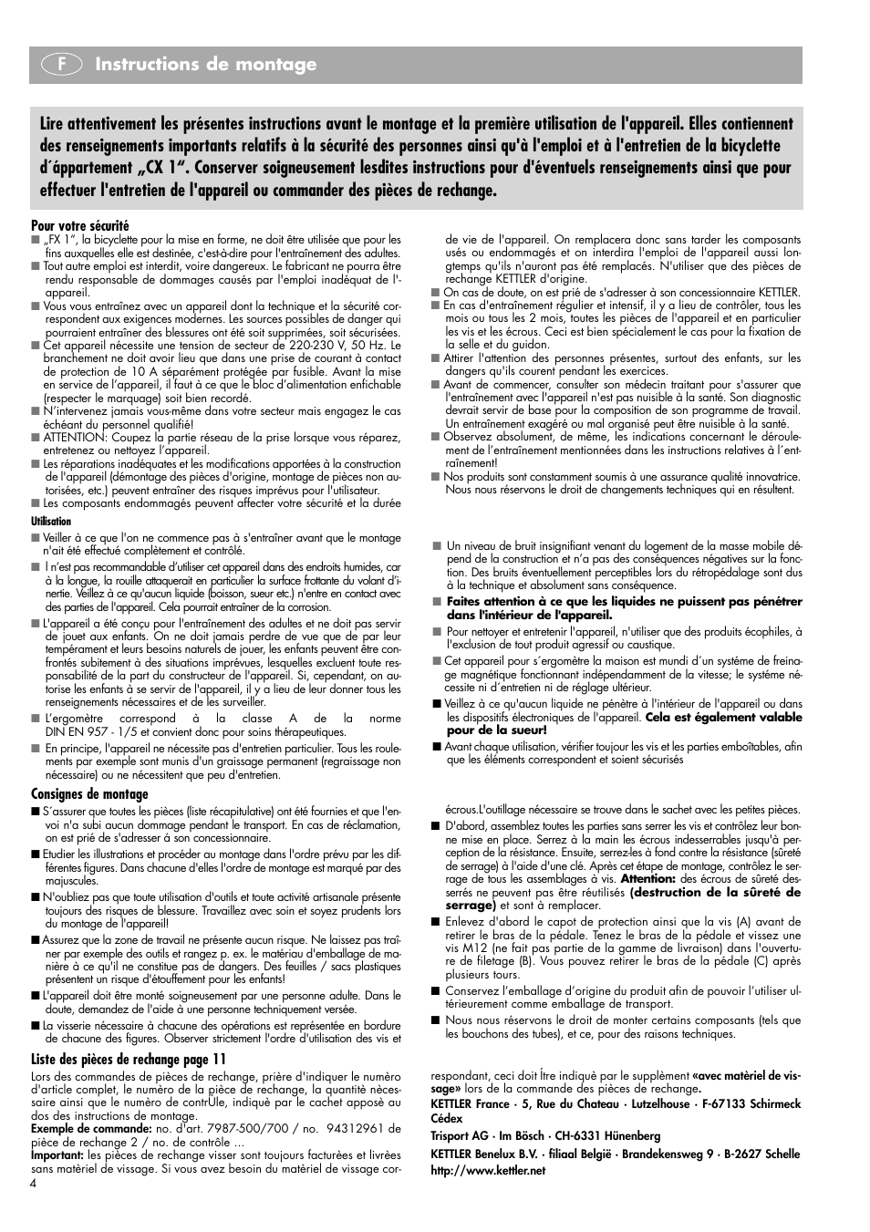 Instructions de montage f, Pour votre sécurité, Consignes de montage | Liste des pièces de rechange page 11 | Kettler Ergometer CX 1 User Manual | Page 4 / 34