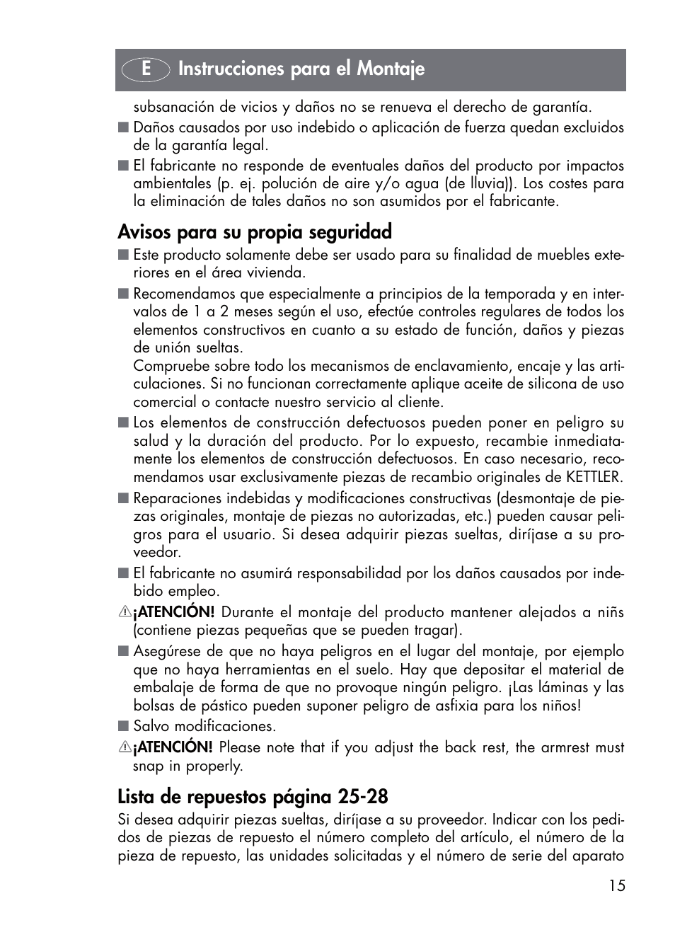 Avisos para su propia seguridad, Lista de repuestos página 25-28, Einstrucciones para el montaje | Kettler 01072-000 User Manual | Page 15 / 28