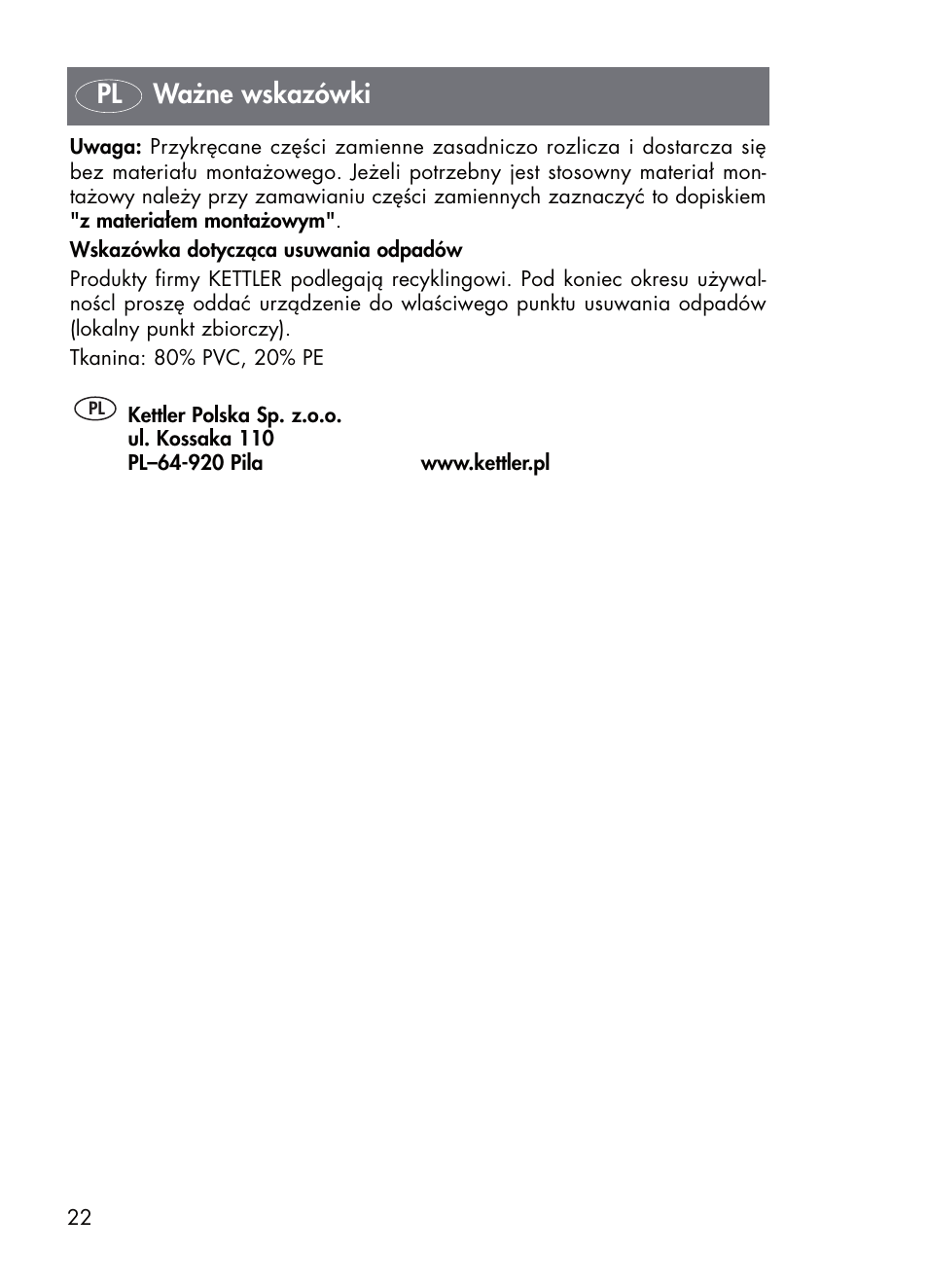 Pl ważne wskazówki | Kettler 01072-000 User Manual | Page 22 / 28