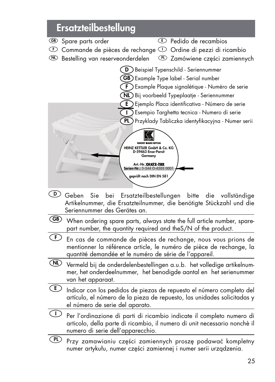 Ersatzteilbestellung | Kettler 01072-000 User Manual | Page 25 / 28