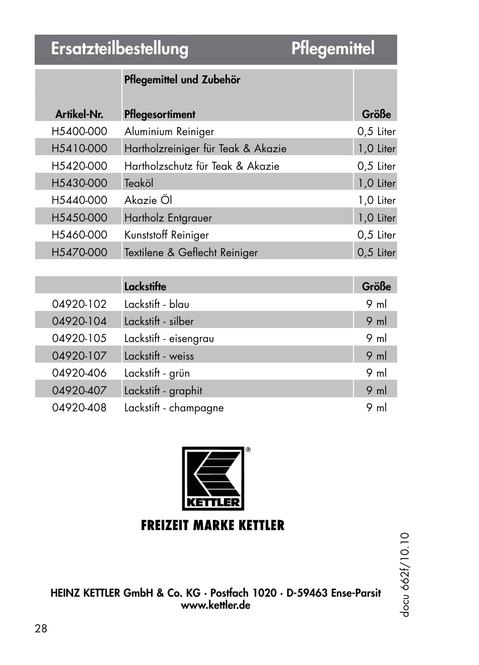 Ersatzteilbestellung pflegemittel | Kettler 01072-000 User Manual | Page 28 / 28