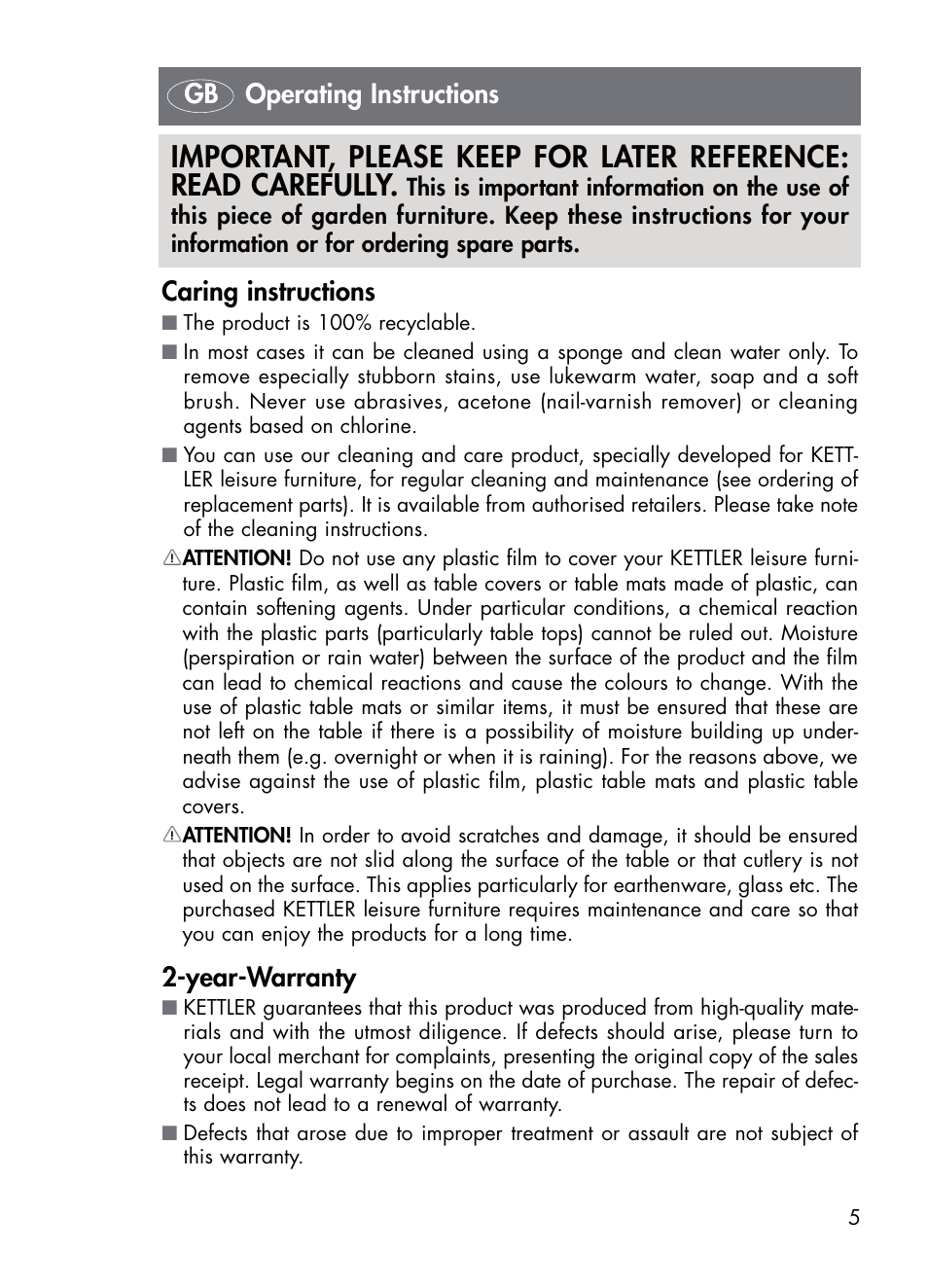 Caring instructions, Year-warranty, Gb operating instructions | Kettler 01072-000 User Manual | Page 5 / 28