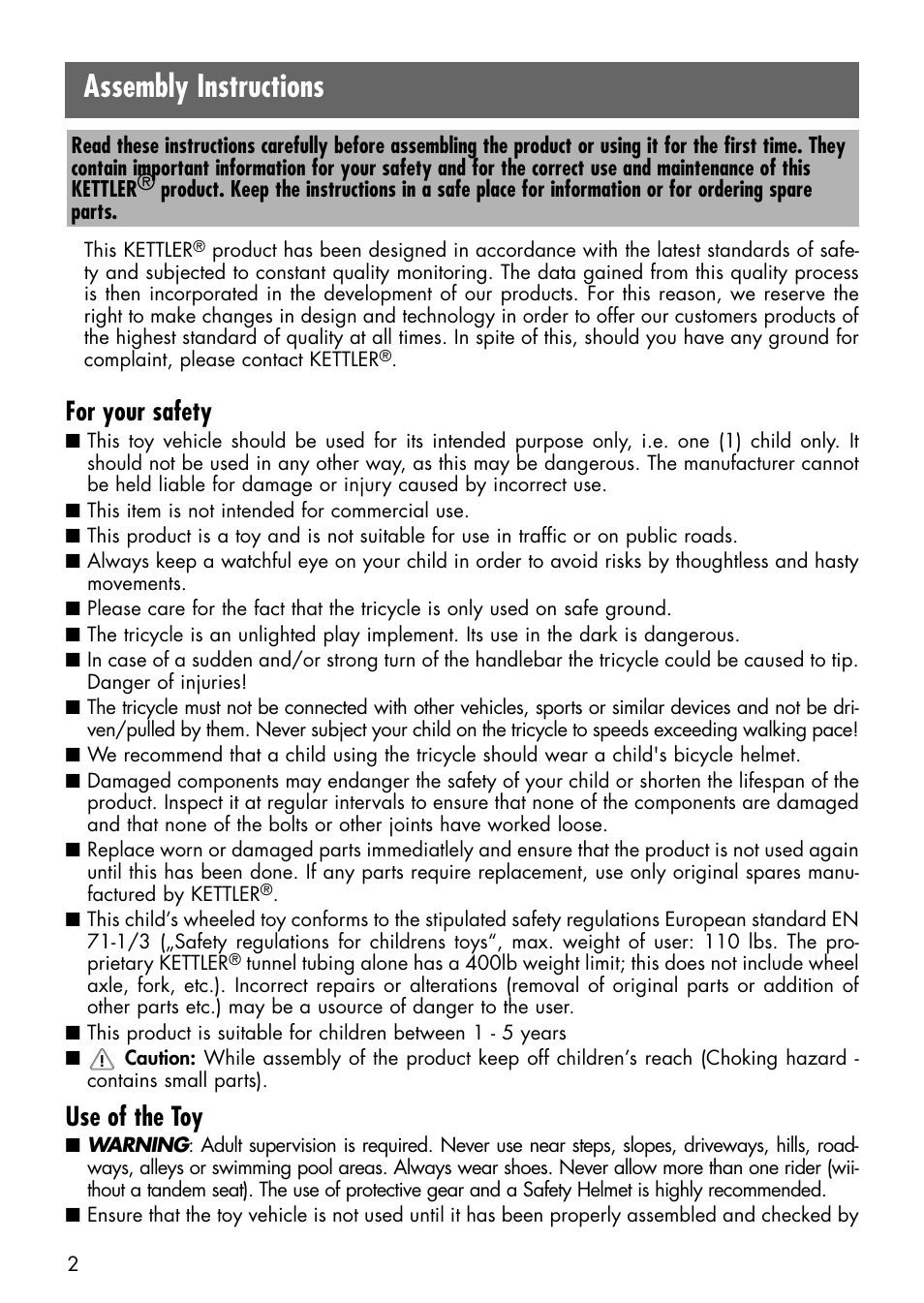 Assembly instructions, For your safety, Use of the toy | Kettler HAPPY NAVIGATOR 08839-599 User Manual | Page 2 / 21