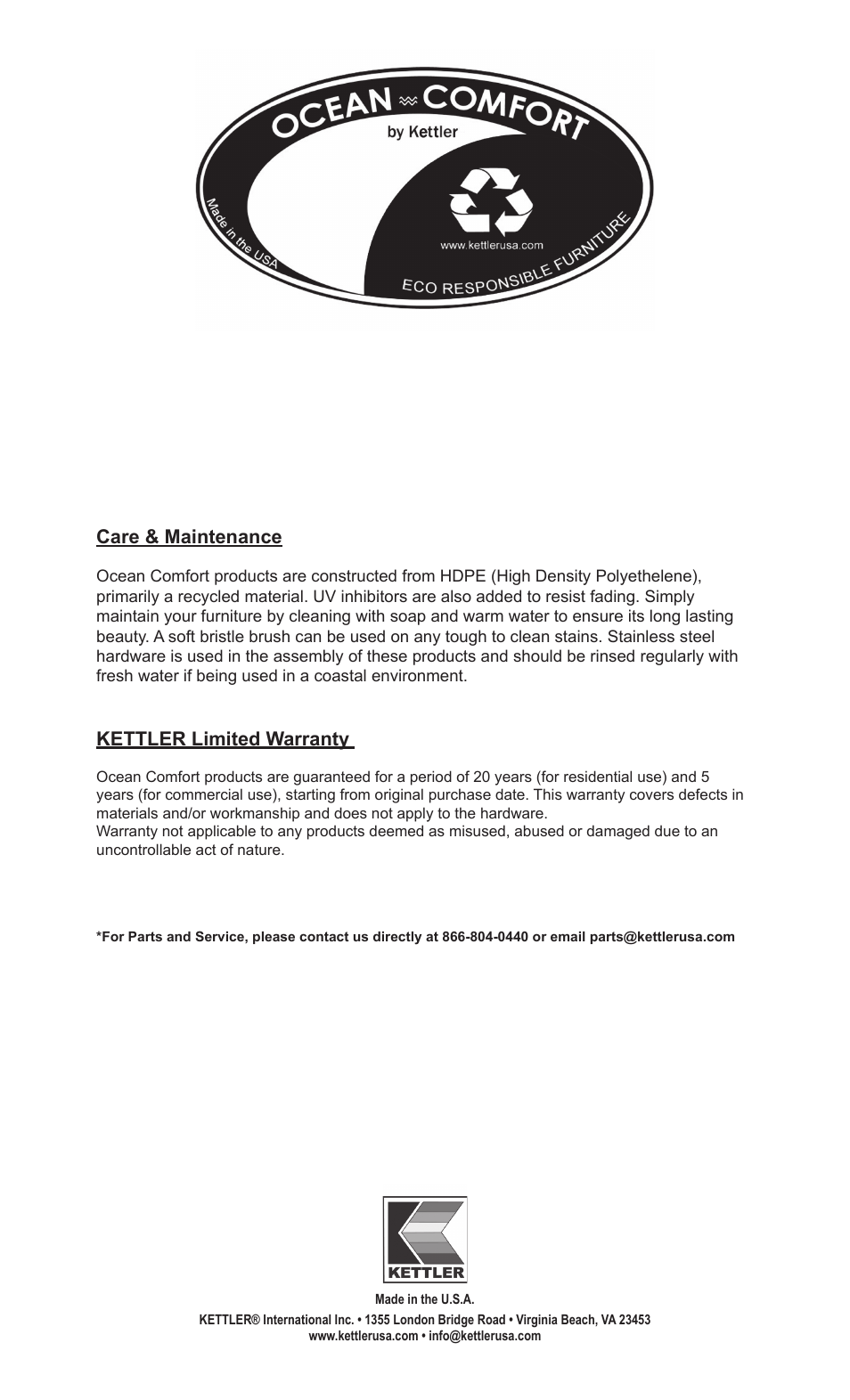 Care & maintenance, Kettler limited warranty | Kettler CHAIR 2566 User Manual | Page 2 / 2