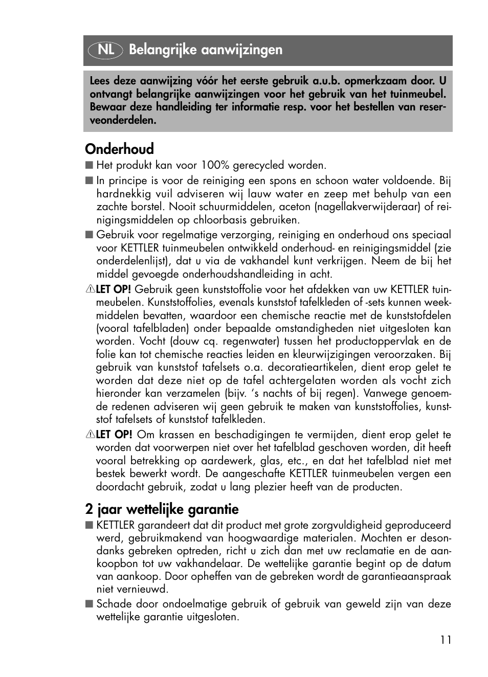 Onderhoud, 2 jaar wettelijke garantie, Nl belangrijke aanwijzingen | Kettler 01438-200 User Manual | Page 11 / 28