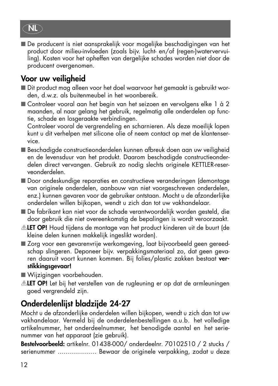 Voor uw veiligheid, Onderdelenlijst bladzijde 24-27 | Kettler 01438-200 User Manual | Page 12 / 28