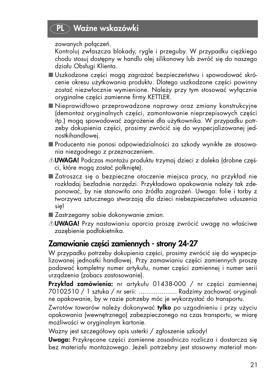 Zamawianie części zamiennych - strony 24-27, Pl ważne wskazówki | Kettler 01438-200 User Manual | Page 21 / 28