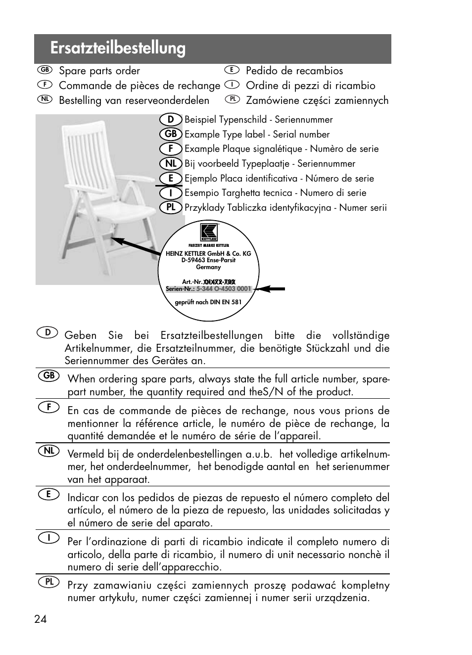 Ersatzteilbestellung | Kettler 01438-200 User Manual | Page 24 / 28