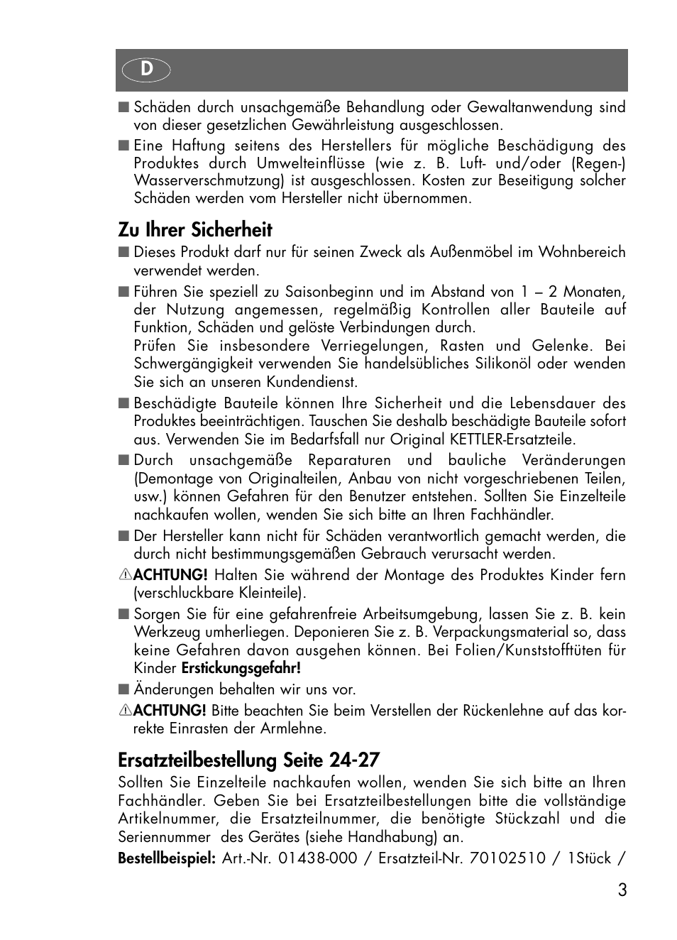 Zu ihrer sicherheit, Ersatzteilbestellung seite 24-27 | Kettler 01438-200 User Manual | Page 3 / 28