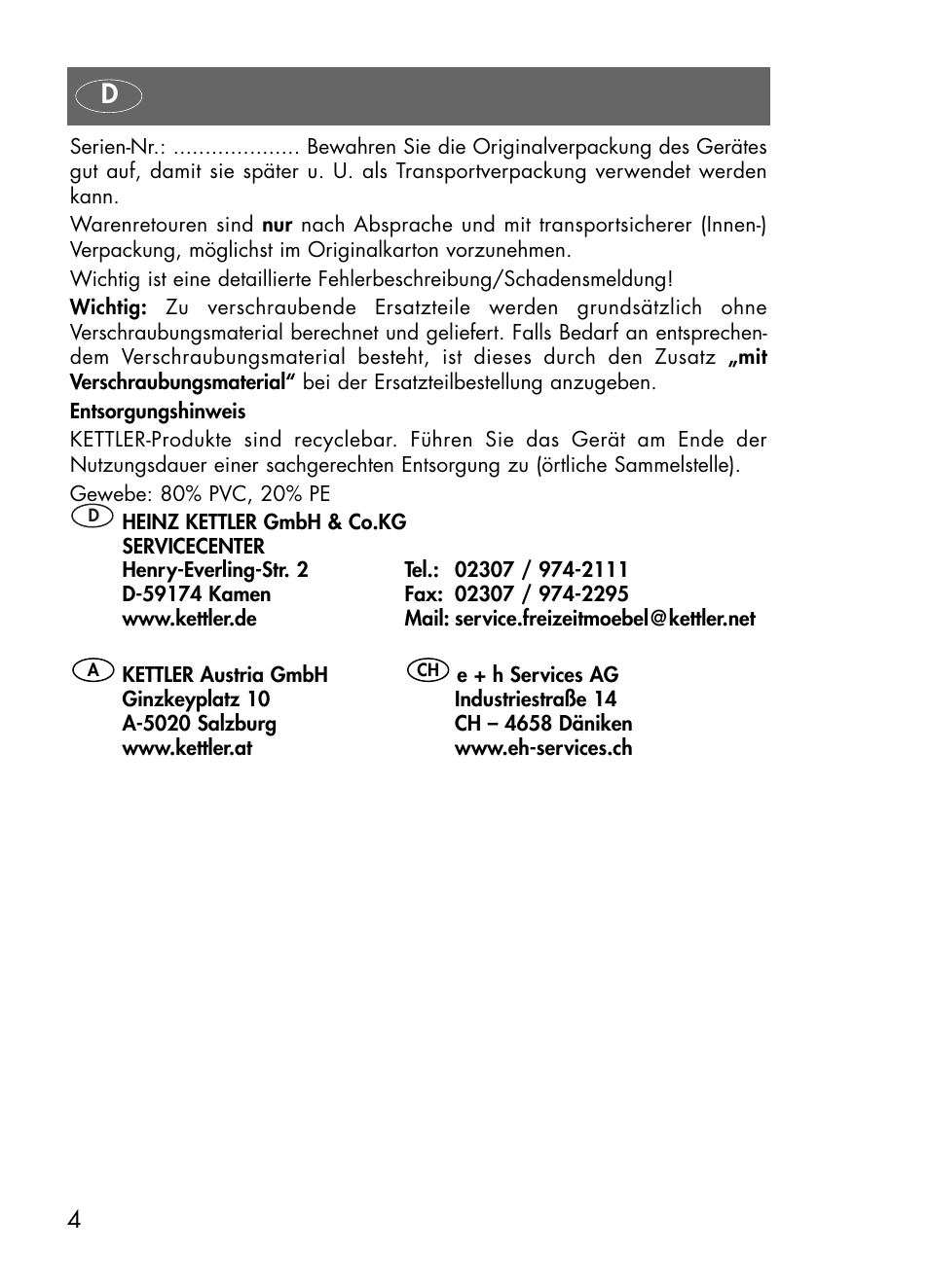Kettler 01438-200 User Manual | Page 4 / 28