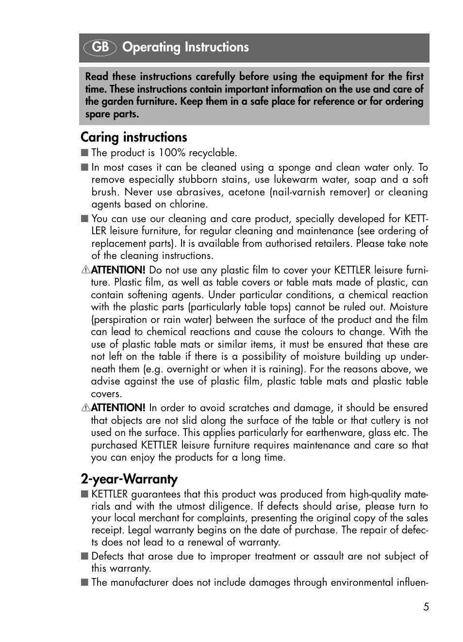 Caring instructions, Year-warranty, Gb operating instructions | Kettler 01438-200 User Manual | Page 5 / 28