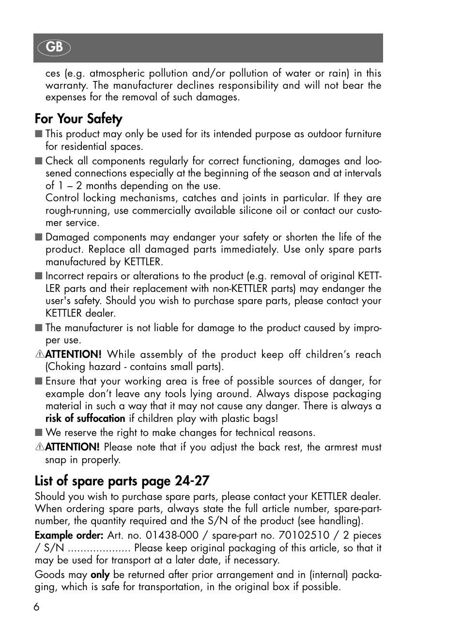 For your safety, List of spare parts page 24-27 | Kettler 01438-200 User Manual | Page 6 / 28