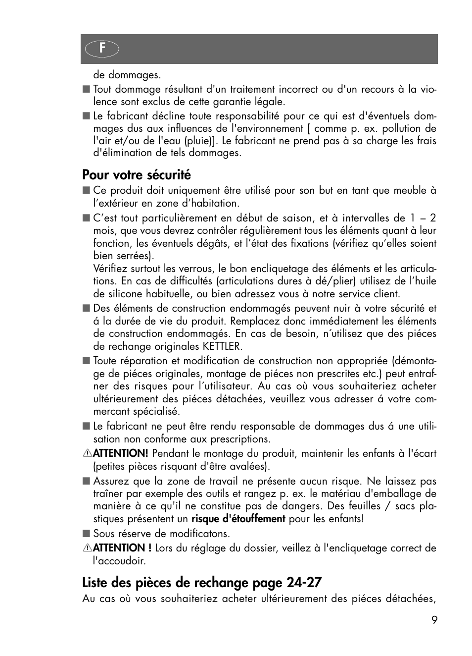 Pour votre sécurité, Liste des pièces de rechange page 24-27 | Kettler 01438-200 User Manual | Page 9 / 28