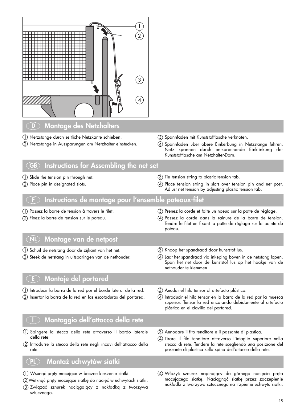 Montaje del portared, Montage van de netpost, Montaggio dell’attacco della rete | Montaż uchwytów siatki | Kettler 07175-000/-500 User Manual | Page 12 / 17