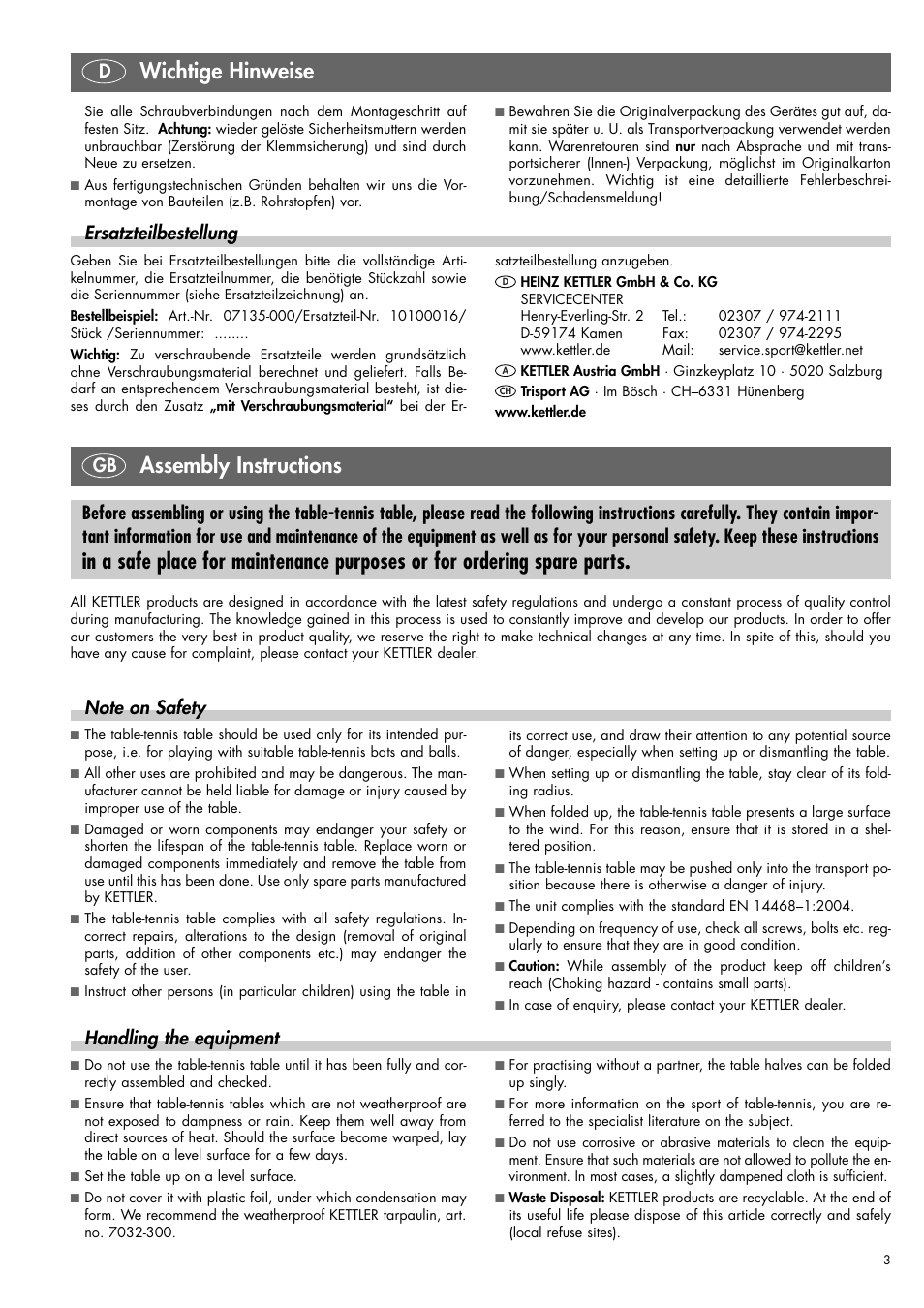 Wichtige hinweise, Assembly instructions, Dersatzteilbestellung | Handling the equipment | Kettler 07175-000/-500 User Manual | Page 2 / 17