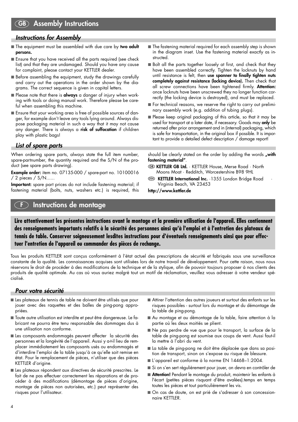 Assembly instructions, Instructions de montage, Gb instructions for assembly | List of spare parts, Fpour votre sécurité | Kettler 07175-000/-500 User Manual | Page 3 / 17