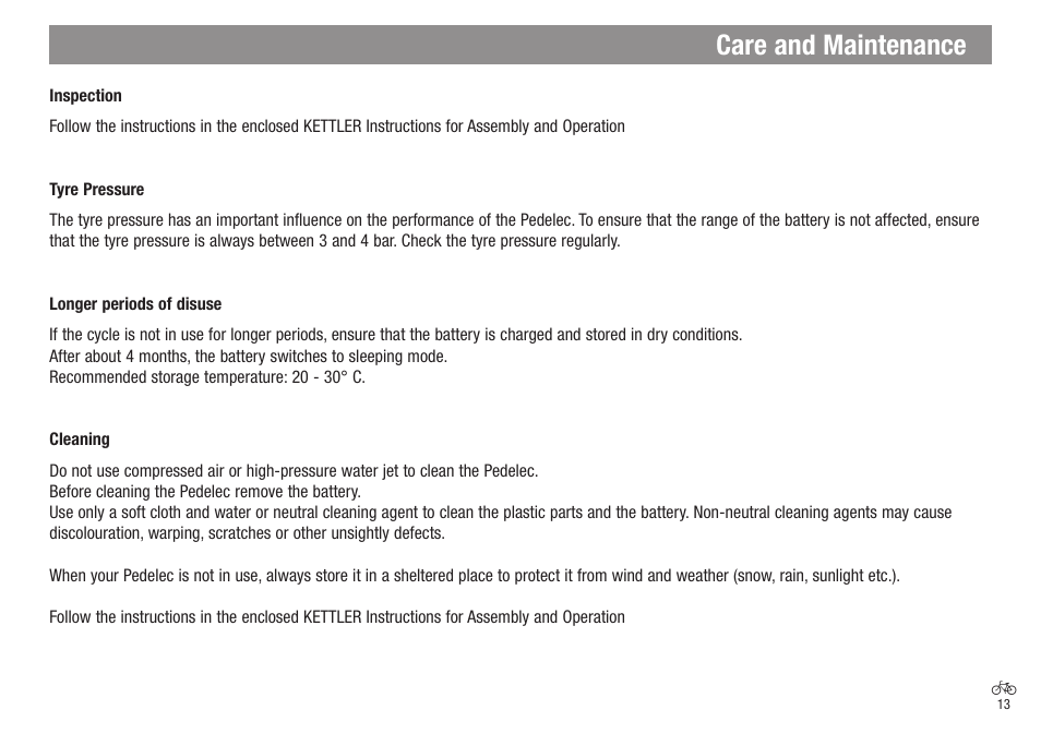 Care and maintenance | Kettler Bicycle User Manual | Page 13 / 15