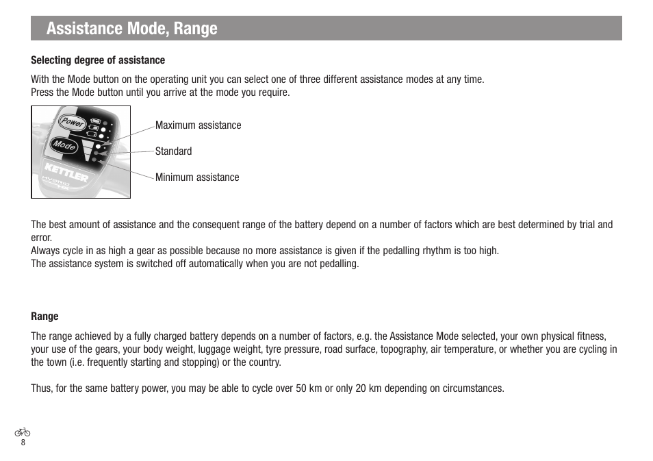 Assistance mode, range | Kettler Bicycle User Manual | Page 8 / 15