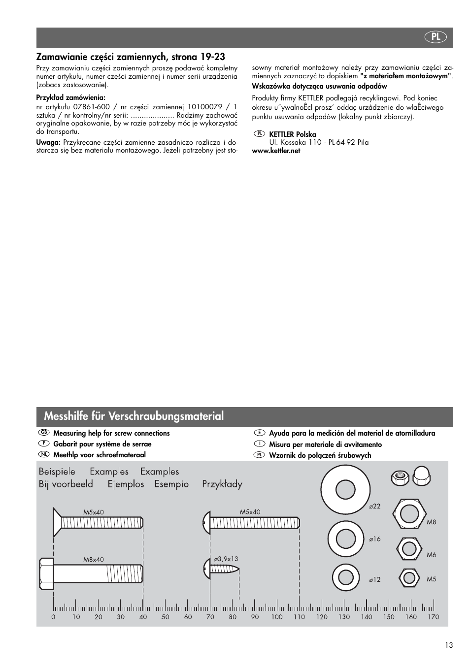 Messhilfe für verschraubungsmaterial, Pl zamawianie części zamiennych, strona 19-23 | Kettler VITO XL 07861-600 User Manual | Page 13 / 24