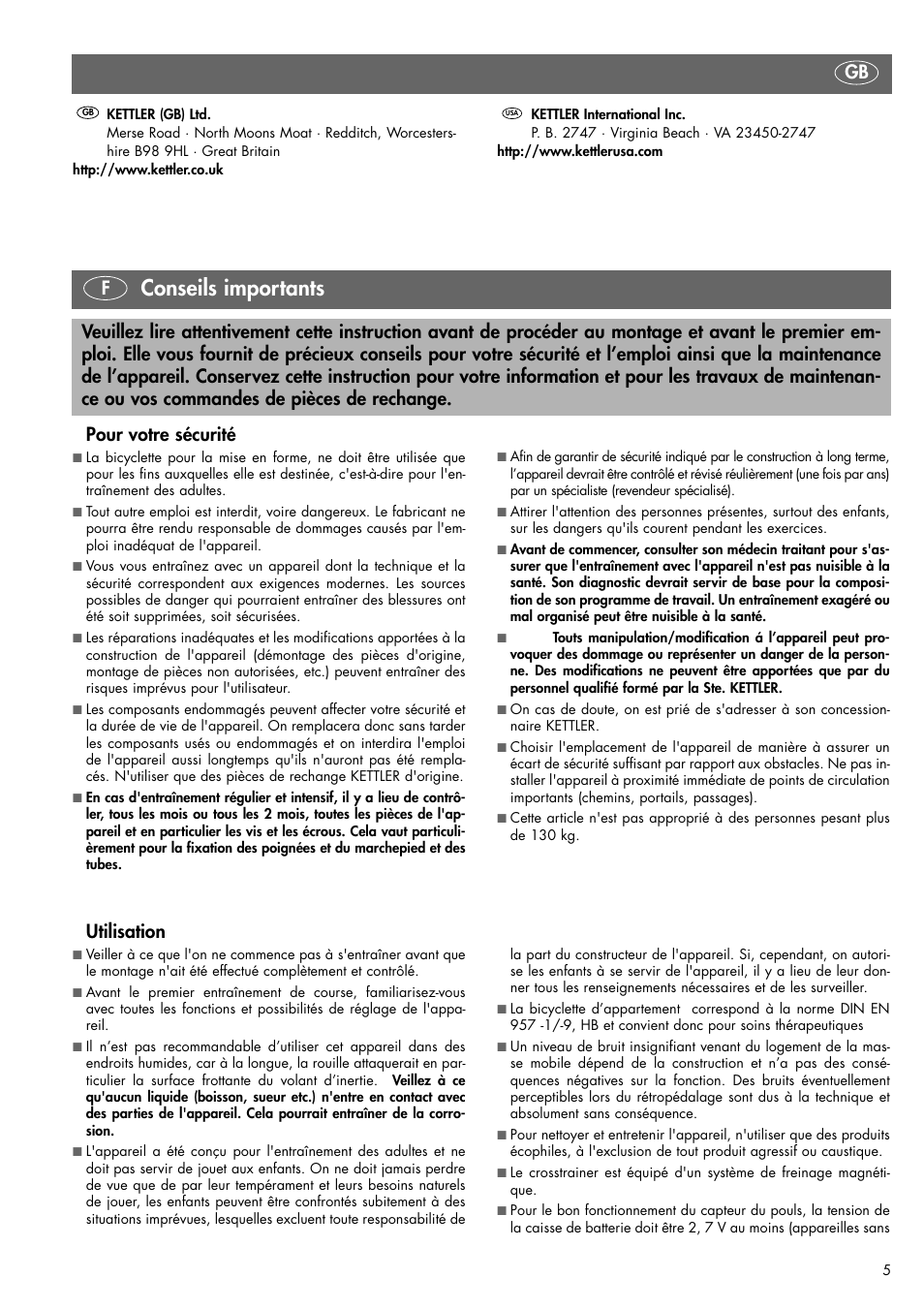 Conseils importants, Utilisation | Kettler VITO XL 07861-600 User Manual | Page 5 / 24