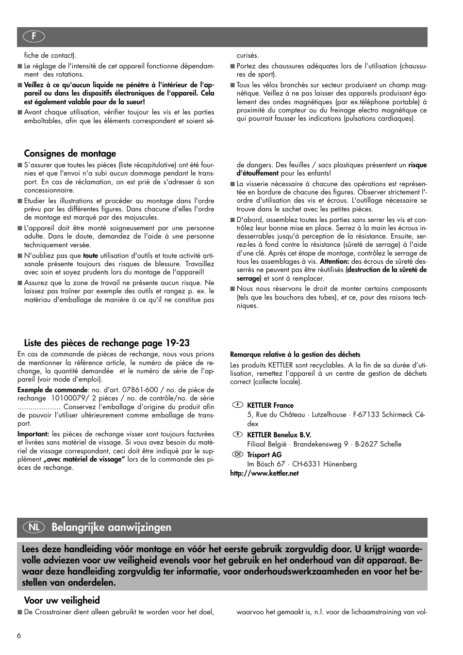 Belangrijke aanwijzingen, Fconsignes de montage, Nl voor uw veiligheid | Kettler VITO XL 07861-600 User Manual | Page 6 / 24
