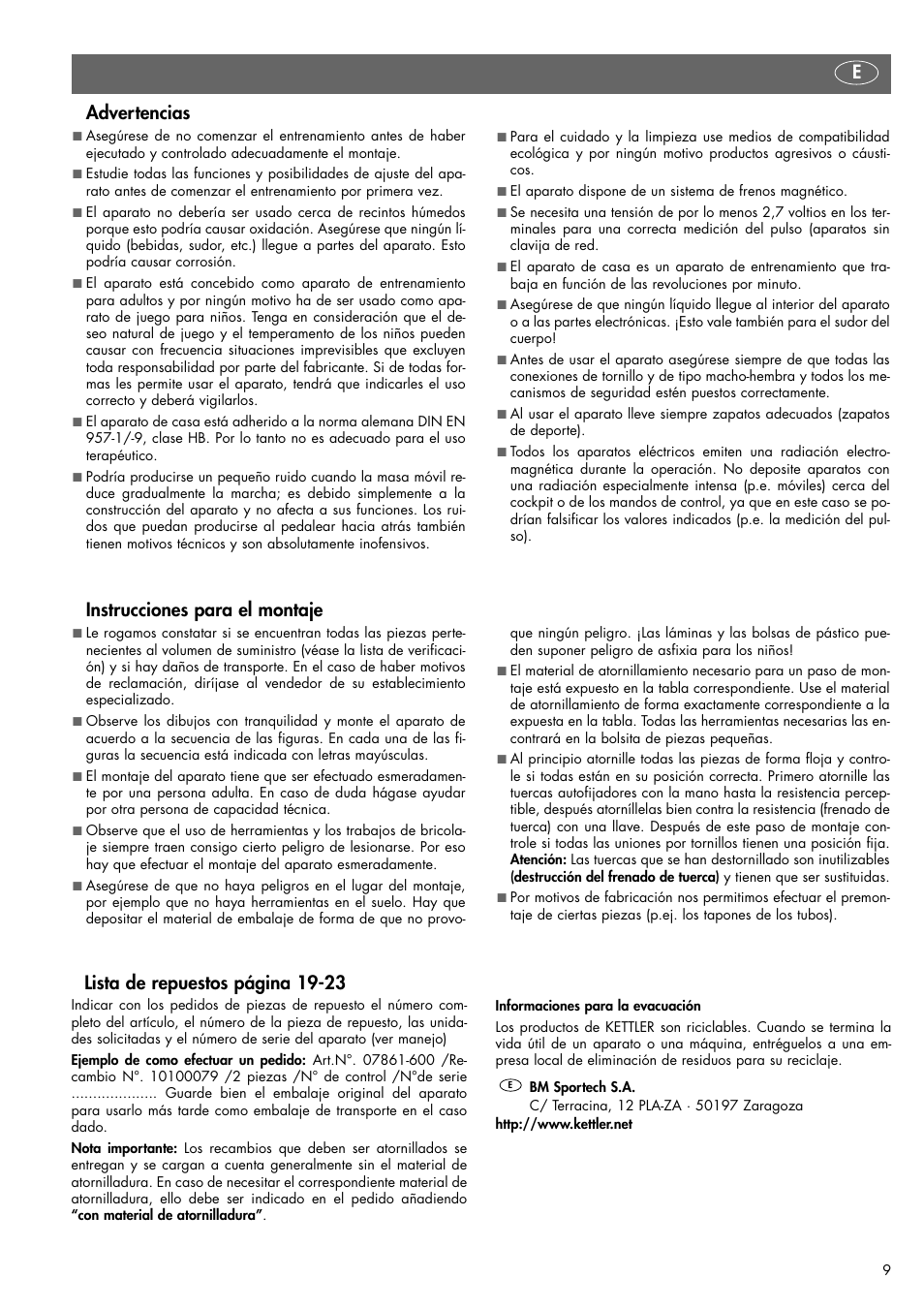 Advertencias, Instrucciones para el montaje, Elista de repuestos página 19-23 | Kettler VITO XL 07861-600 User Manual | Page 9 / 24