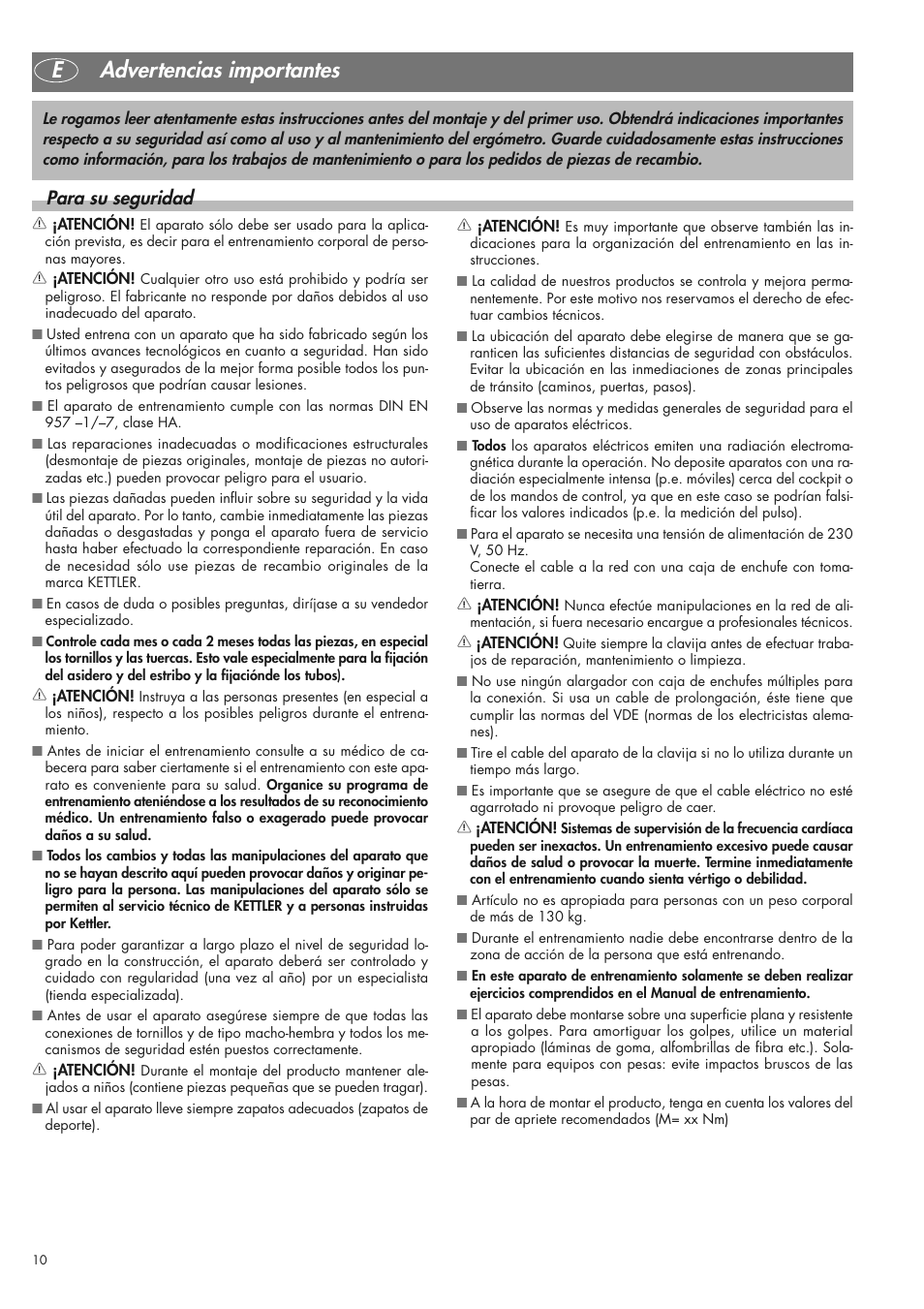 Eadvertencias importantes, Para su seguridad | Kettler 07975-100 User Manual | Page 10 / 36