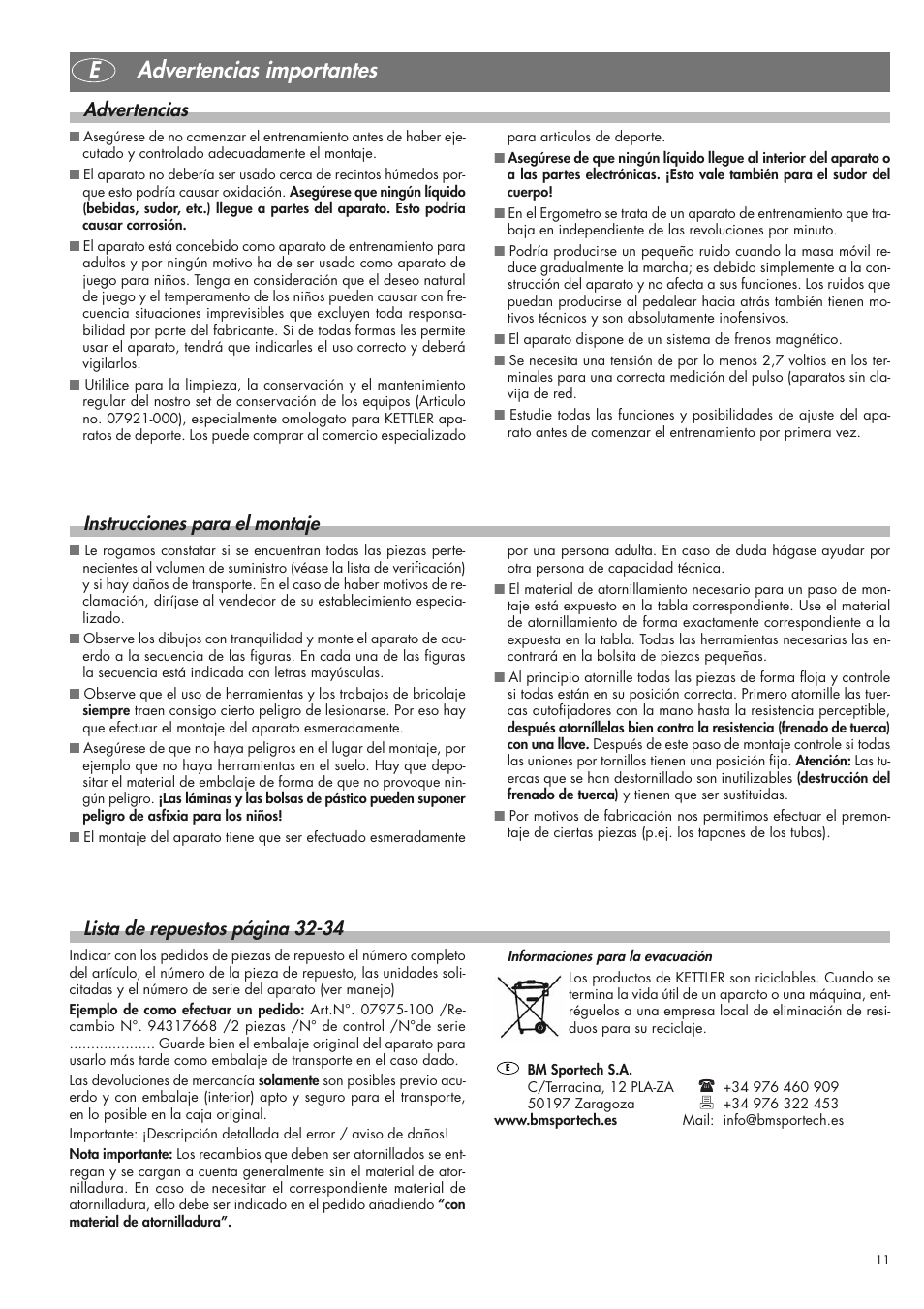 Eadvertencias importantes, Instrucciones para el montaje, Lista de repuestos página 32-34 | Advertencias | Kettler 07975-100 User Manual | Page 11 / 36