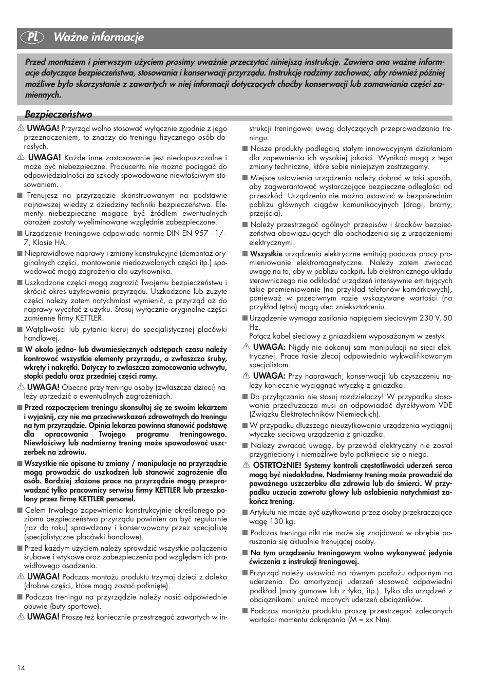 Pl ważne informacje, Bezpieczeństwo | Kettler 07975-100 User Manual | Page 14 / 36